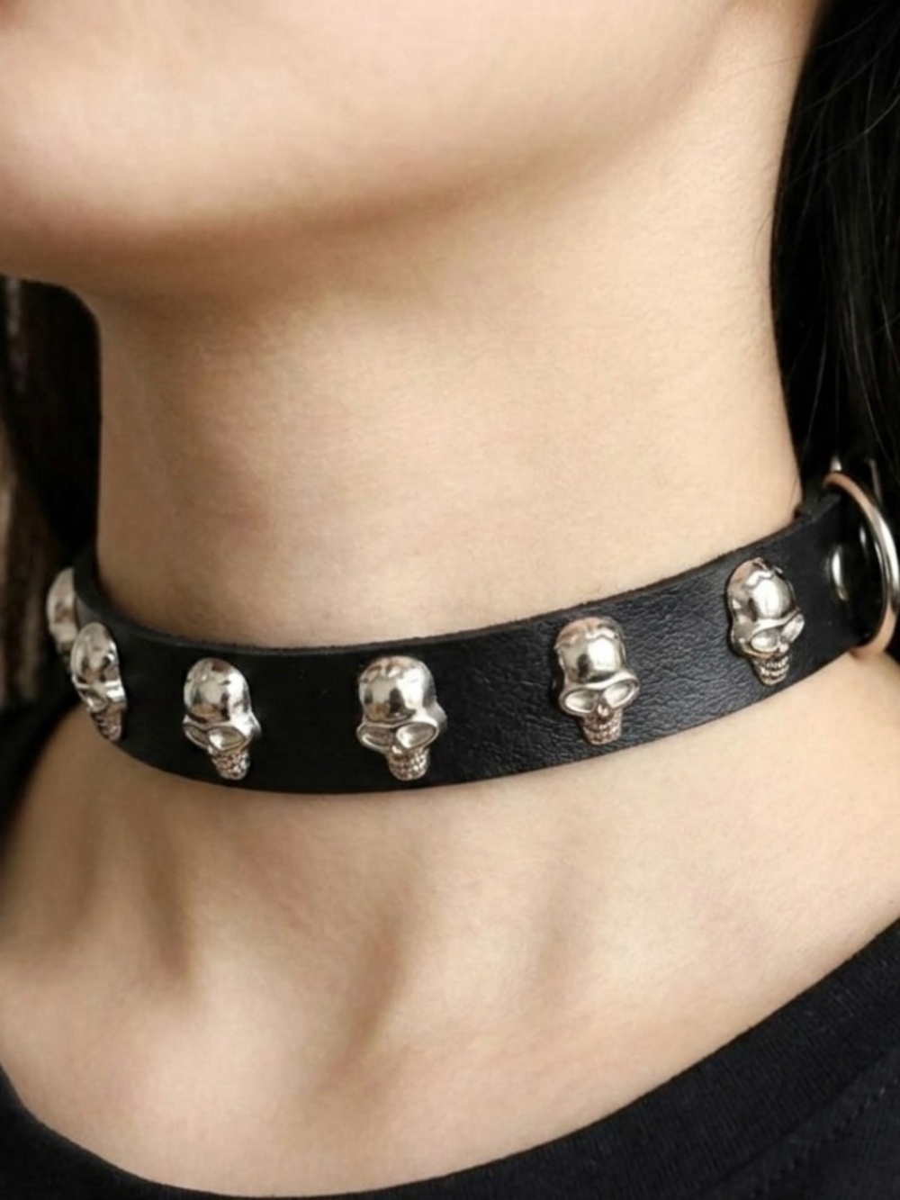 Punk Rock Silver Skull Studded Black Leather Choker